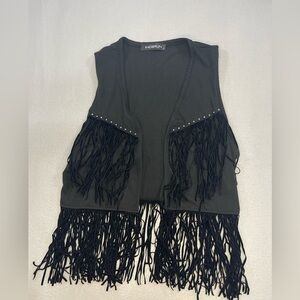 Incerun Black Fringe Vest Boho Western Studded Open Front Size S